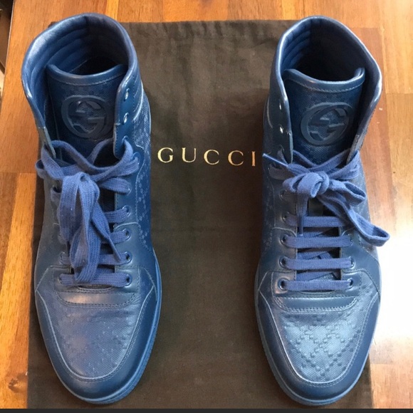 GUCCI NAVY BLUE HIGH TOPS MENS SHOES SZ 8.5G - Picture 1 of 8
